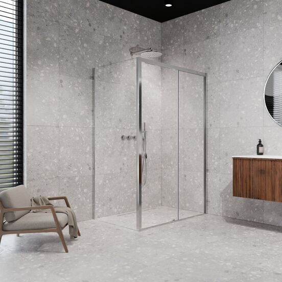 Balmani Senses Design douche en coin avec porte coulissante à droite et paroi latérale fixe, 120 x 90 cm, Verre transparent, Profil Chrome brillant