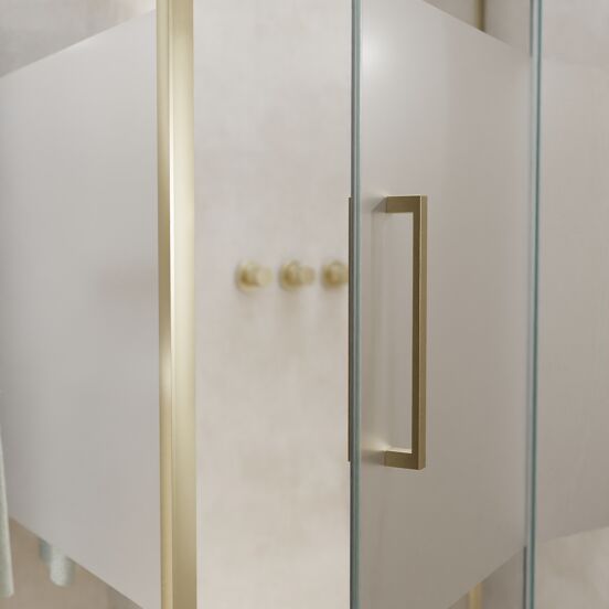 Balmani Senses Design douchehoek met rechtse draaideur en vaste zijwand, 140 x 90 cm, Helder glas met matte strook, Brushed Champagne Gold profielen, met coating