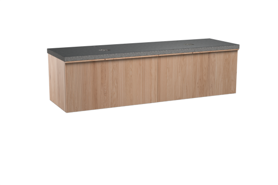 Balmani Forma hängendes Möbelstück Set: 180 x 55 cm, Naturbelassene Eiche, mit Rock Doppel Waschtischplatte, Granit, Schwarzes Granit, Vertikale symmetrische gerade Rippe