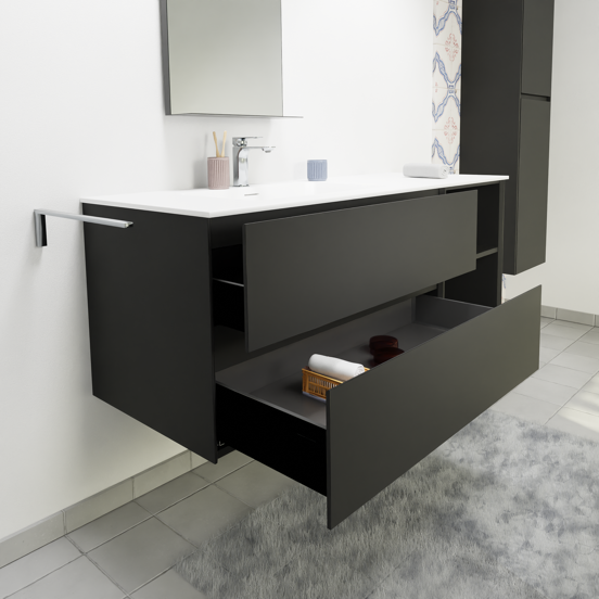 Storke Edge meuble salle de bains suspendu 140 x 52 cm noir mat avec Scuro High plan vasque asymétrique à gauche en quartz noir mat