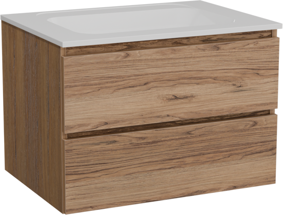 Balmani Lucida zwevend badkamermeubel 75 x 55 cm teak met Tablo Strada enkele wastafel in composietmarmer glanzend wit