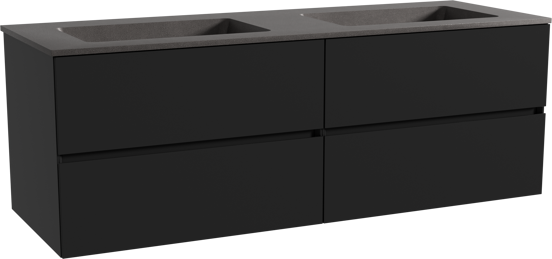 Storke Edge zwevend badmeubel 150 x 52 cm mat zwart met Scuro dubbele wastafel in kwarts mat zwart