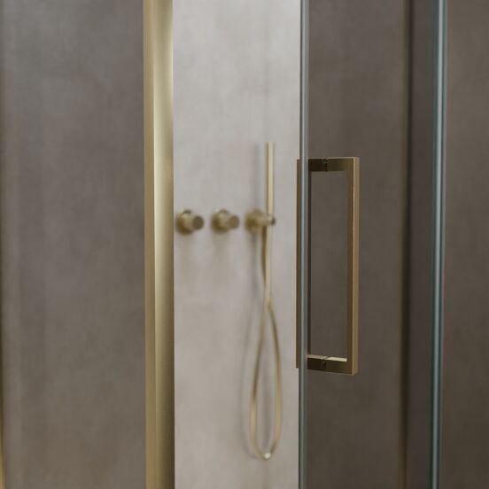 Balmani Senses Design douche en coin avec porte pivotante à droite et paroi latérale fixe, 100 x 100 cm, Miroir Reflex, Profil Brushed Champagne Gold, coating inclus, coating inclus