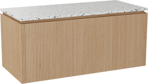 Balmani Eclips zwevend badkamermeubel 120 x 55 cm Natuur eik met Stretto enkel of dubbel tablet in Bianco Nero Terrazzo, Verticale symmetrische rechte ribbel