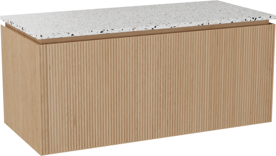 Balmani Eclips hängendes Möbelstück Set: 120 x 55 cm, Eiche Natur, mit Stretto Einzel- oder Doppel Waschtischplatte Bianco Nero Terrazzo, Vertikale symmetrische gerade Rippe