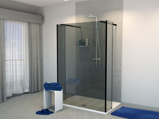 Balmani Modular inloopdouche met vrijstaande wand en vast paneel 140 x 200 cm rookglas mat zwart profiel