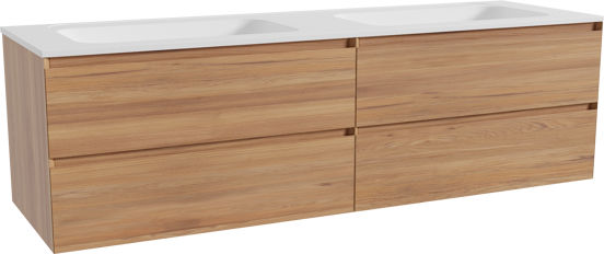 Balmani Mitra hängendes Möbelstück Set: 180 x 55 cm, Teak, mit Tablo Strada Doppelwaschtisch, Marmorkomposit Weiß matt