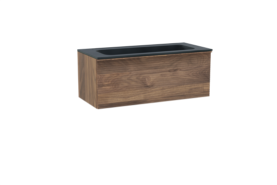 Balmani Forma zwevend badkamermeubel 120 x 55 cm amerikaanse notelaar met Tablo Strada enkele wastafel voor 2 kraangaten in composietmarmer mat zwart, Horizontale symmetrische rechte ribbel