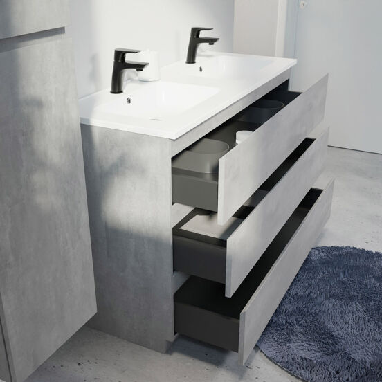 Linie Lado freistehendes Möbelstück Set: 120 x 46 cm, Beton dunkelgrau, mit Vano Doppelwaschtisch, Marmorkomposit Weiß matt