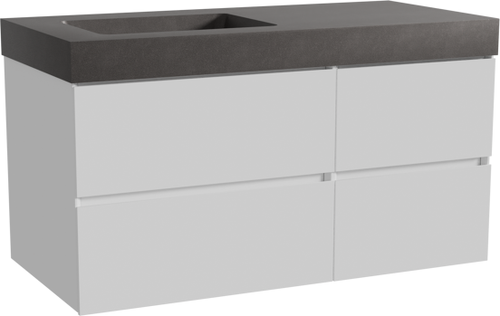 Storke Edge zwevend badmeubel 110 x 52 cm hoogglans wit met Scuro High asymmetrisch linkse wastafel in kwarts mat zwart