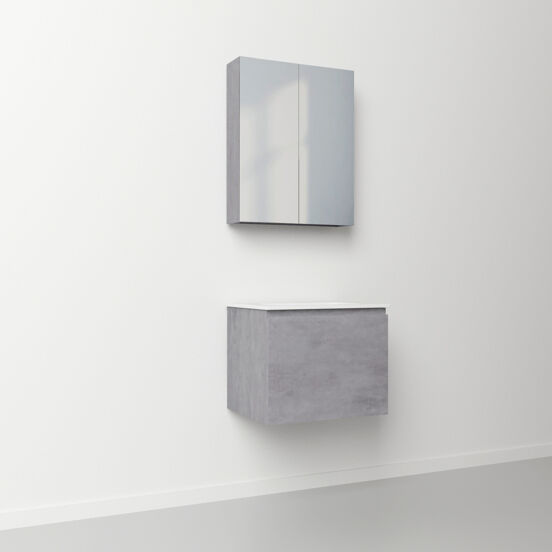 Linie Lado zwevend badkamermeubel 60 x 46 cm beton donkergrijs met Baro enkele wastafel in porselein glanzend wit en Montro spiegelkast