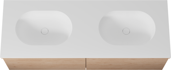 Balmani Forma zwevend badkamermeubel 150 x 55 cm natuur eik met Tablo Oval dubbele wastafel in solid surface mat wit, Horizontale symmetrische rechte ribbel