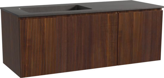 Storke Ribs zwevend badmeubel 130 x 52 cm notenhout met Scuro asymmetrisch linkse wastafel in kwarts mat zwart, Verticale symmetrische rechte ribbel