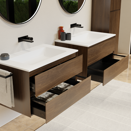 Balmani Mitra meuble salle de bains suspendu 90 x 55 cm noyer américain avec Tablo Strada plan simple en marbre composite blanc mat