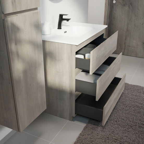 Linie Lado meuble salle de bains à poser 80 x 46 cm chêne gris avec Baro plan simple en porcelaine blanc mat