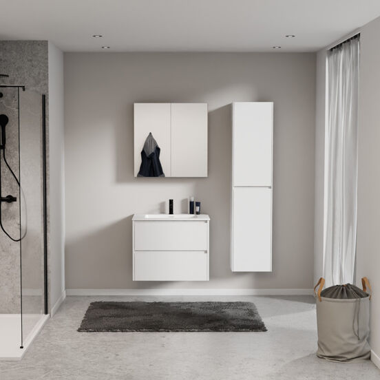 Storke Seda zwevend badkamermeubel 75 x 52 cm mat wit met Mata enkele wastafel in solid surface mat wit