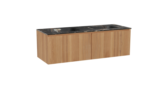 Balmani Idra hängendes Möbelstück Set: 150 x 55 cm, Teak, mit Tablo Arcato Doppelwaschtisch, Marmor Portoro Gold