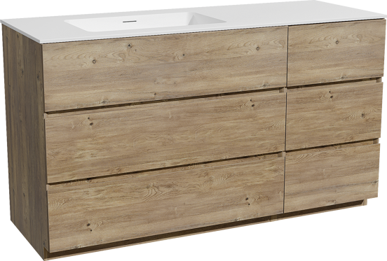 Storke Edge meuble salle de bains à poser 140 x 52 cm chêne brut avec Mata plan vasque asymétrique à gauche en solid surface blanc mat