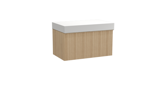Balmani Forma hängendes Möbelstück Set: 90 x 55 cm, Naturbelassene Eiche, mit Dominus Einzel Waschtischplatte, Solid Surface, Weiß matt, Vertikale asymmetrische Runde Rippe