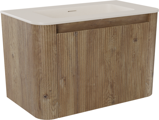Storke Soft hängendes Möbelstück Set: 80 x 46 cm, Eiche rau, mit Mata Soft Einzelwaschtisch Solid Surface Beige Granit, Vertikale symmetrische gerade Rippe
