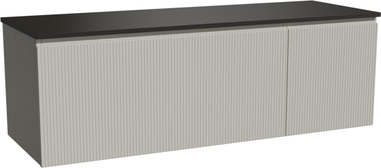 Storke Ribs zwevend badmeubel 150 x 52 cm zijdegrijs met Panton enkel of dubbel wastafelblad in gepoedercoate mdf mat zwart, Verticale symmetrische rechte ribbel