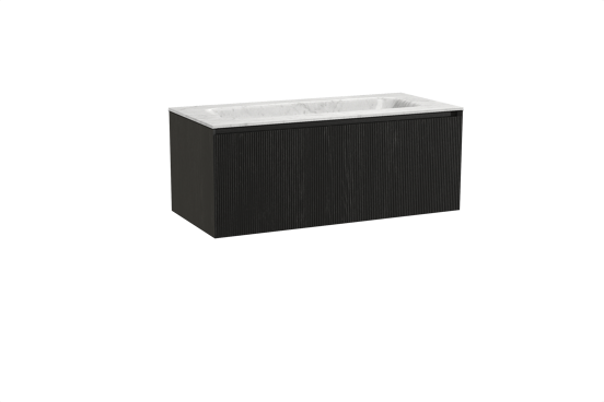 Balmani Fila hängendes Möbelstück Set: 120 x 55 cm, Schwarze Eiche, mit Tablo Arcato Einzelwaschtisch, Marmor, Carrara, Vertikale symmetrische gerade Rippe