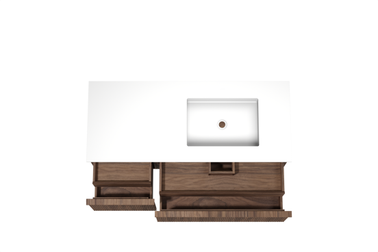 Balmani Forma meuble salle de bains suspendu 135 x 55 cm noyer américain avec Tablo Stretto vasque asymétrique droite en solid surface blanc mat, Nervure droite symétrique verticale