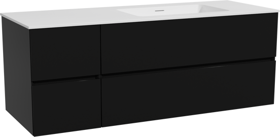 Storke Edge meuble salle de bains suspendu 140 x 52 cm noir mat avec Mata plan vasque asymétrique à droite en solid surface blanc mat