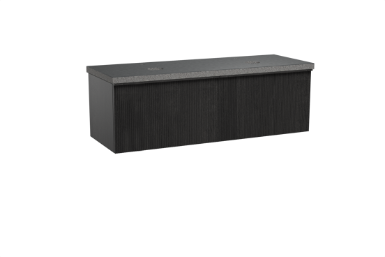 Balmani Forma hängendes Möbelstück Set: 150 x 55 cm, Schwarze Eiche, mit Rock Doppel Waschtischplatte, Granit, Schwarzes Granit, Vertikale symmetrische gerade Rippe