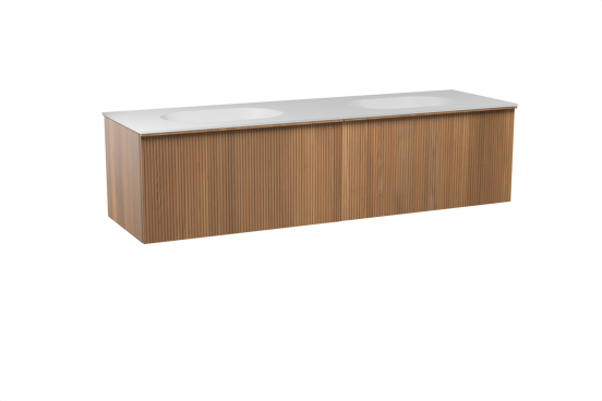 Balmani Forma hängendes Möbelstück Set: 180 x 55 cm, Teak, mit Tablo Oval Doppelwaschtisch, Solid Surface, Weiß matt, Vertikale symmetrische gerade Rippe