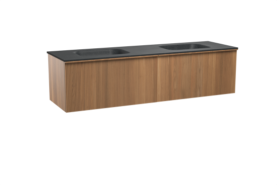Balmani Forma zwevend badkamermeubel 180 x 55 cm teak met Tablo Arcato dubbele wastafel in graniet zwart, Verticale symmetrische rechte ribbel