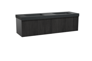 Balmani Forma zwevend badkamermeubel 180 x 55 cm zwarte eik met Napoli dubbele wastafel in graniet zwart, Verticale symmetrische rechte ribbel