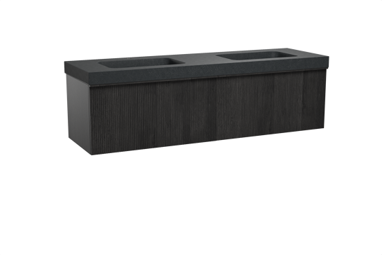 Balmani Forma meuble salle de bains suspendu 180 x 55 cm chêne noir avec Napoli double vasque en granit noir, Nervure droite symétrique verticale