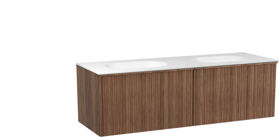 Balmani Forma zwevend badmeubel 150 x 55 cm amerikaans notenhout met Tablo Oval dubbele wastafel in solid surface mat wit, Verticale asymmetrische ronde ribbel