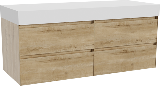 Balmani Mitra hängendes Möbelstück Set: 135 x 55 cm, Rohe Eiche, mit Dominus Einzel- oder Doppel Waschtischplatte, Solid Surface Weiß matt