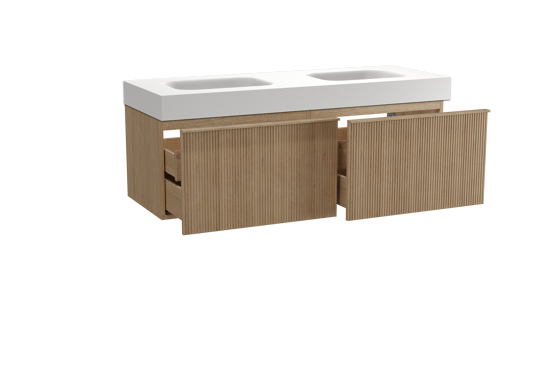 Balmani Forma zwevend badkamermeubel 150 x 55 cm natuur eik met Arcato dubbele wastafel in solid surface mat wit, Verticale symmetrische rechte ribbel
