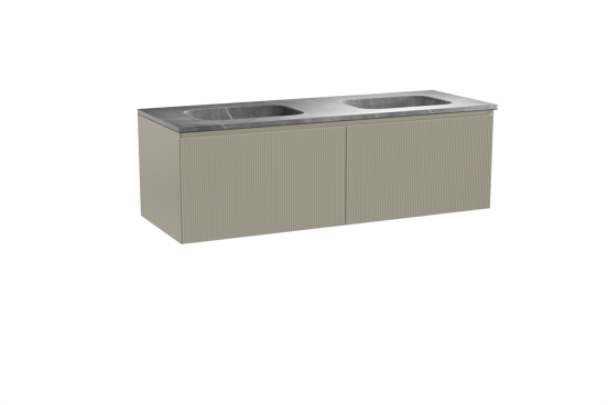 Balmani Fila zwevend badmeubel 150 x 55 cm steengrijs met Tablo Arcato dubbele wastafel in marmer pietra grey, Verticale symmetrische rechte ribbel