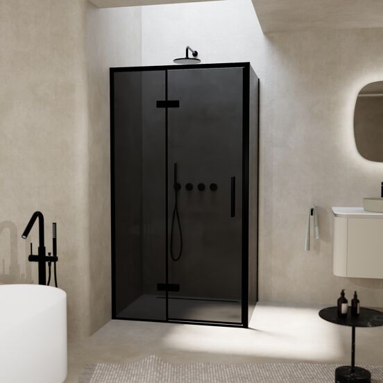 Balmani Senses Design douchehoek met linkse draaideur en vaste zijwand, 100 x 100 cm, Rookglas, Zwarte profielen, met coating