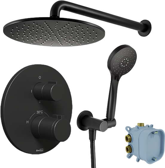 Blaufoss Round robinet thermostatique Set de douche pluie encastré avec douche de tête rond 30 cm noir mat