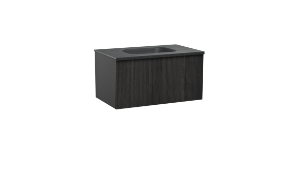 Balmani Forma hängendes Möbelstück Set: 90 x 55 cm, Schwarze Eiche, mit Tablo Arcato Einzelwaschtisch, Granit, Schwarzes Granit, Vertikale symmetrische gerade Rippe