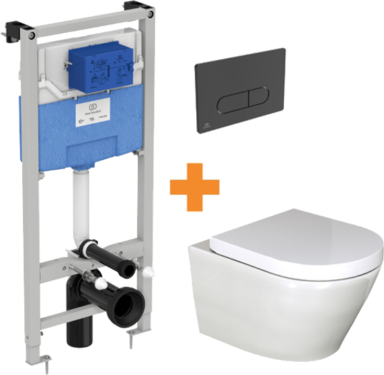 Luca Varess Calibro WC suspendu blanc brillant sans rebord avec bâti-support et Ideal Standard Oleas M1 noir mat plaque de déclenchement gratuit
