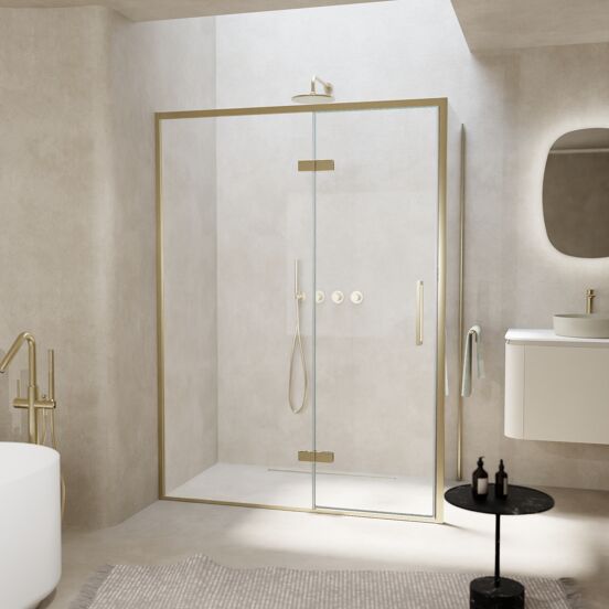 Balmani Senses Design douchehoek met linkse draaideur en vaste zijwand, 140 x 100 cm, Helder glas, Brushed Champagne Gold profielen, met coating