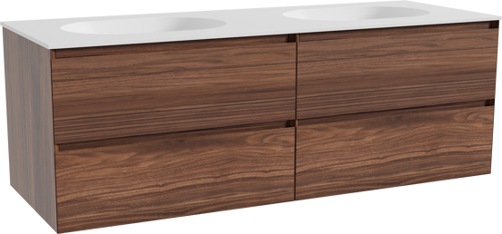 Balmani Mitra meuble salle de bains suspendu 150 x 55 cm noyer avec Tablo Oval double vasque en solid surface blanc mat