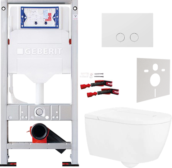Villeroy & Boch ViClean-I100 WC douche blanc brillant sans rebord avec Geberit Sigma réservoir de chasse encastré UP320 avec cadre Burda et plaque de commande