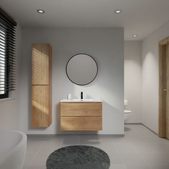 Linie Lado meuble salle de bains suspendu 80 x 46 cm chêne naturel avec Baro plan simple en porcelaine blanc brillant