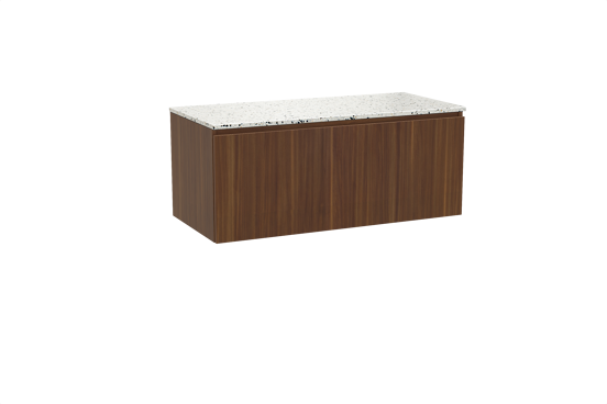 Balmani Sfera zwevend badkamermeubel 120 x 55 cm amerikaanse notelaar met Stretto enkel of dubbel tablet in mat wit/zwart terrazzo