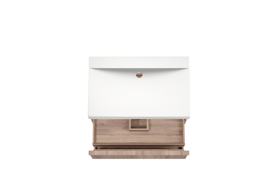 Balmani Forma meuble salle de bains suspendu 90 x 55 cm teck avec Wave plan simple en solid surface blanc mat, Nervure droite symétrique verticale