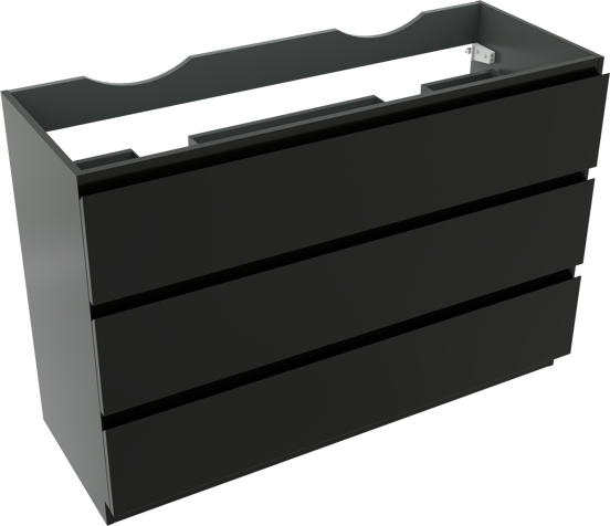 Linie Lado stehender Waschbeckenunterschrank: 120 x 46 cm, Schwarz matt, 3 Schubladen, 2 Siphonaussparungen