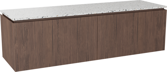 Balmani Eclips meuble salle de bains suspendu 180 x 55 cm Noyer américain avec Stretto tablette simple ou double en Bianco Nero Terrazzo, Nervure droite symétrique verticale