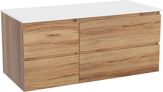 Balmani Lucida hängendes Möbelstück Set: 120 x 55 cm, Teak, mit Stretto Einzel- oder Doppel Waschtischplatte, Solid Surface Weiß matt